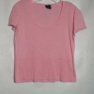 Tangents Pink‎ Scoop Neck Pointelle Knit Short Sleeve Top XL Cotton Rayon Y2K
